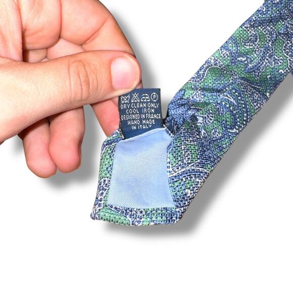 Breuer Blue & Green Paisley Silk & Linen Handmade in Italy Neck Tie - Picture 6 of 6
